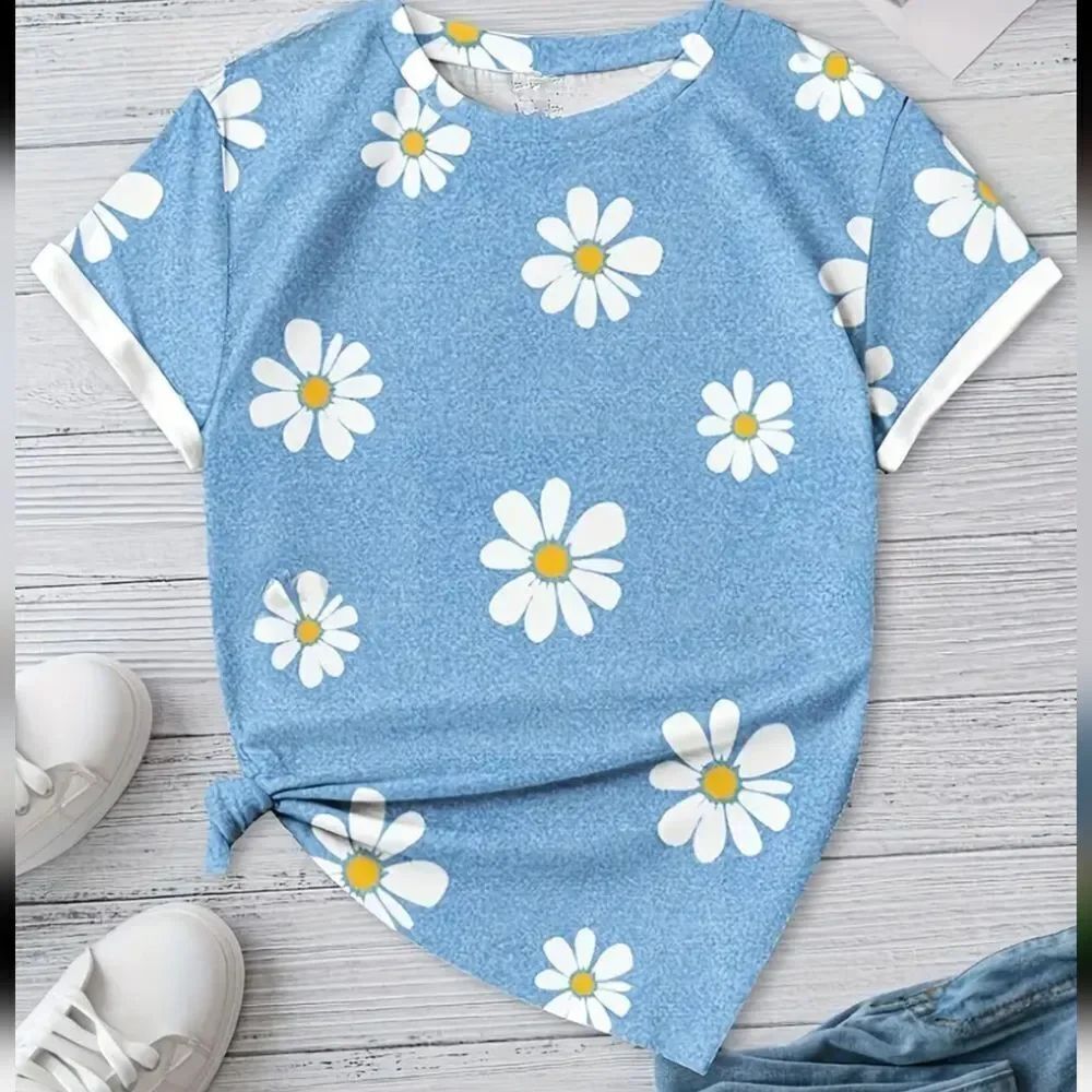 Pretty Blue Daisy Print Crew Neck T-Shirt Sz 4 - Picture 4 of 6